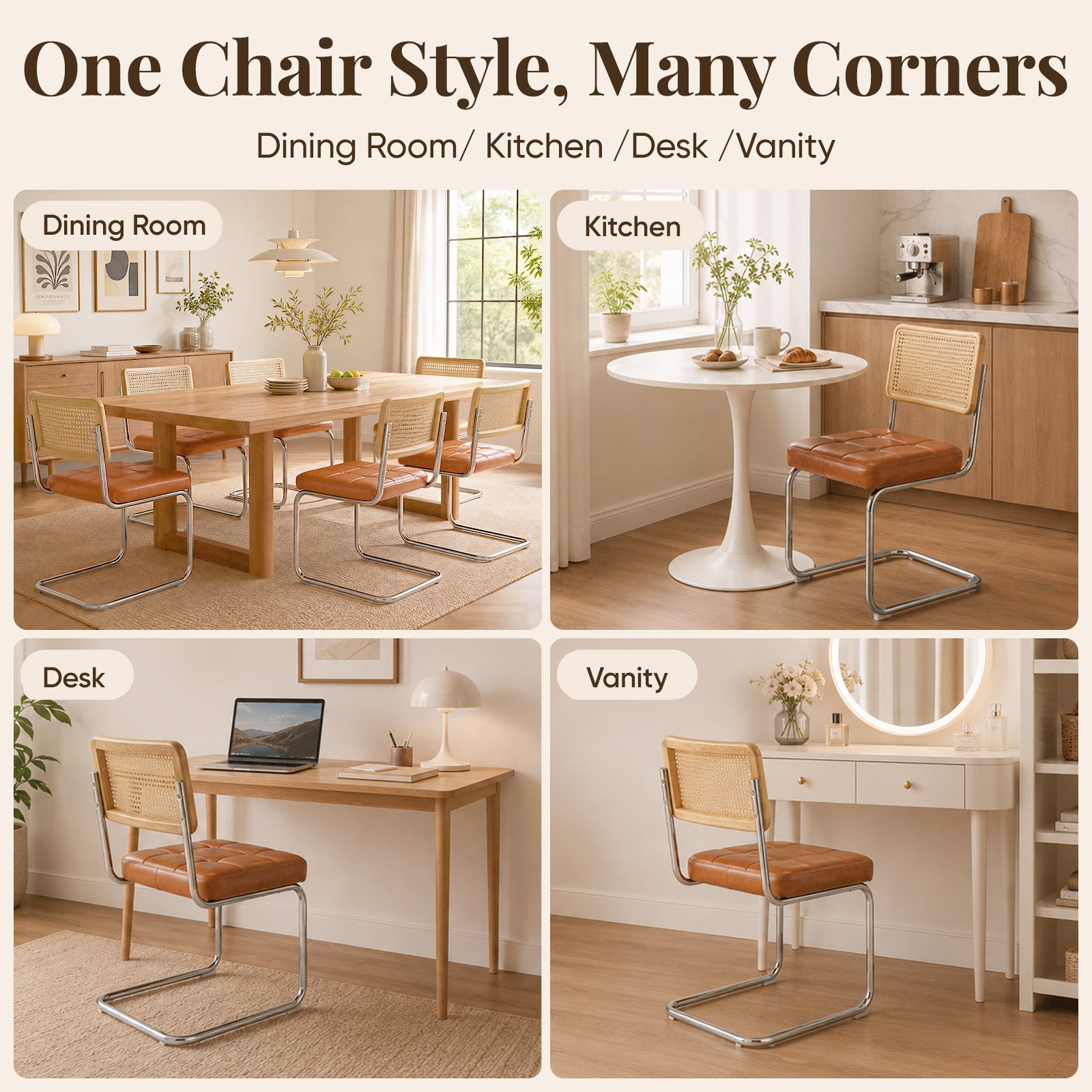 eChamp Mid Century Modern Dining Chairs Set of 2, PU Upholstered Natural Rattan Kitchen Chairs Accent Chair with Metal Chrome Legs for Living Room