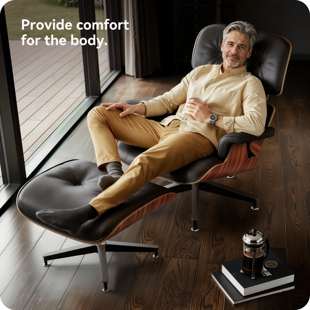 Mid-Century Chaise Lounge Chair with Ottoman Leather Armchair Swivel Accent Chair and Metal Base,Walnut Pattern,Black