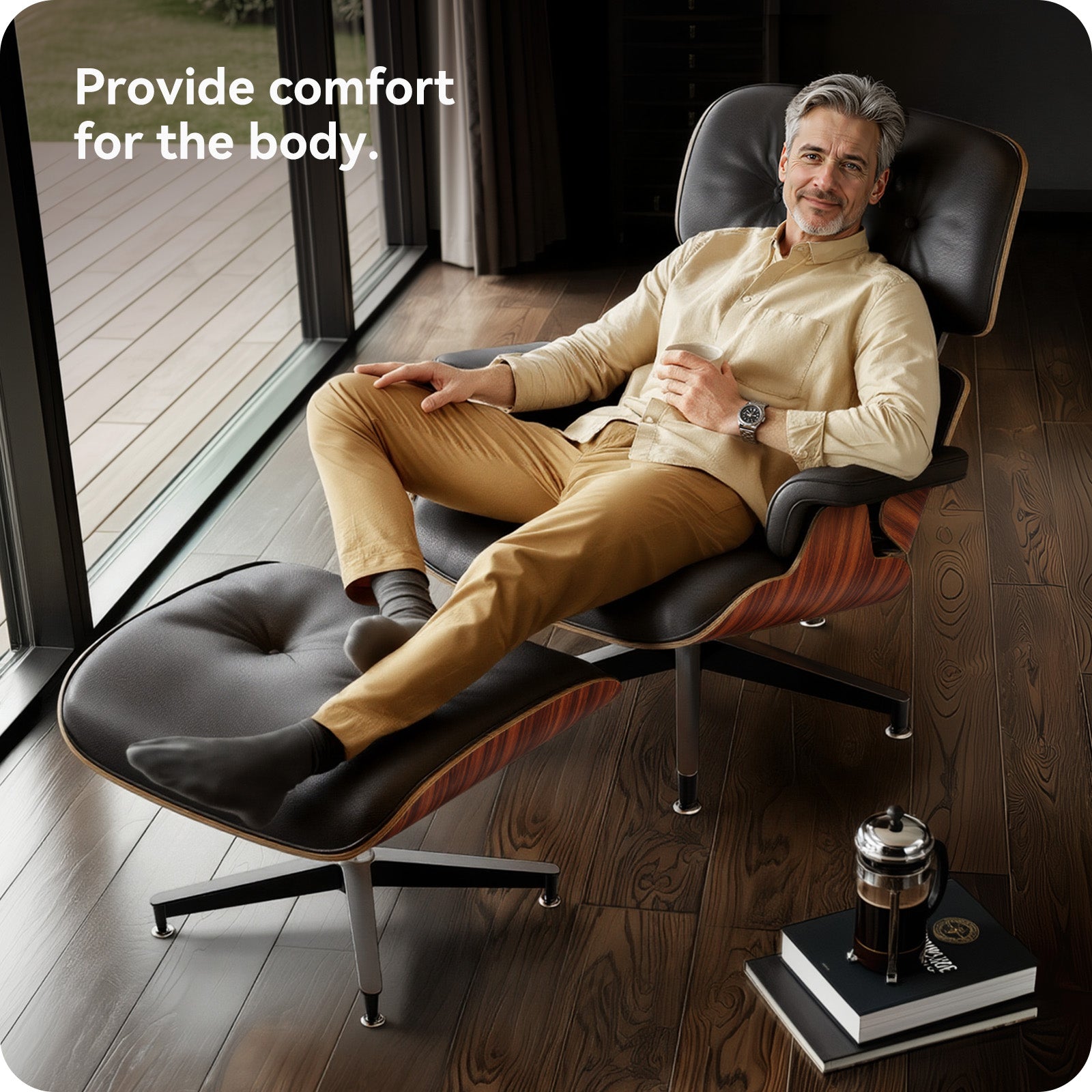 Mid-Century Chaise Lounge Chair with Ottoman Leather Armchair Swivel Accent Chair and Metal Base,Walnut Pattern,Black