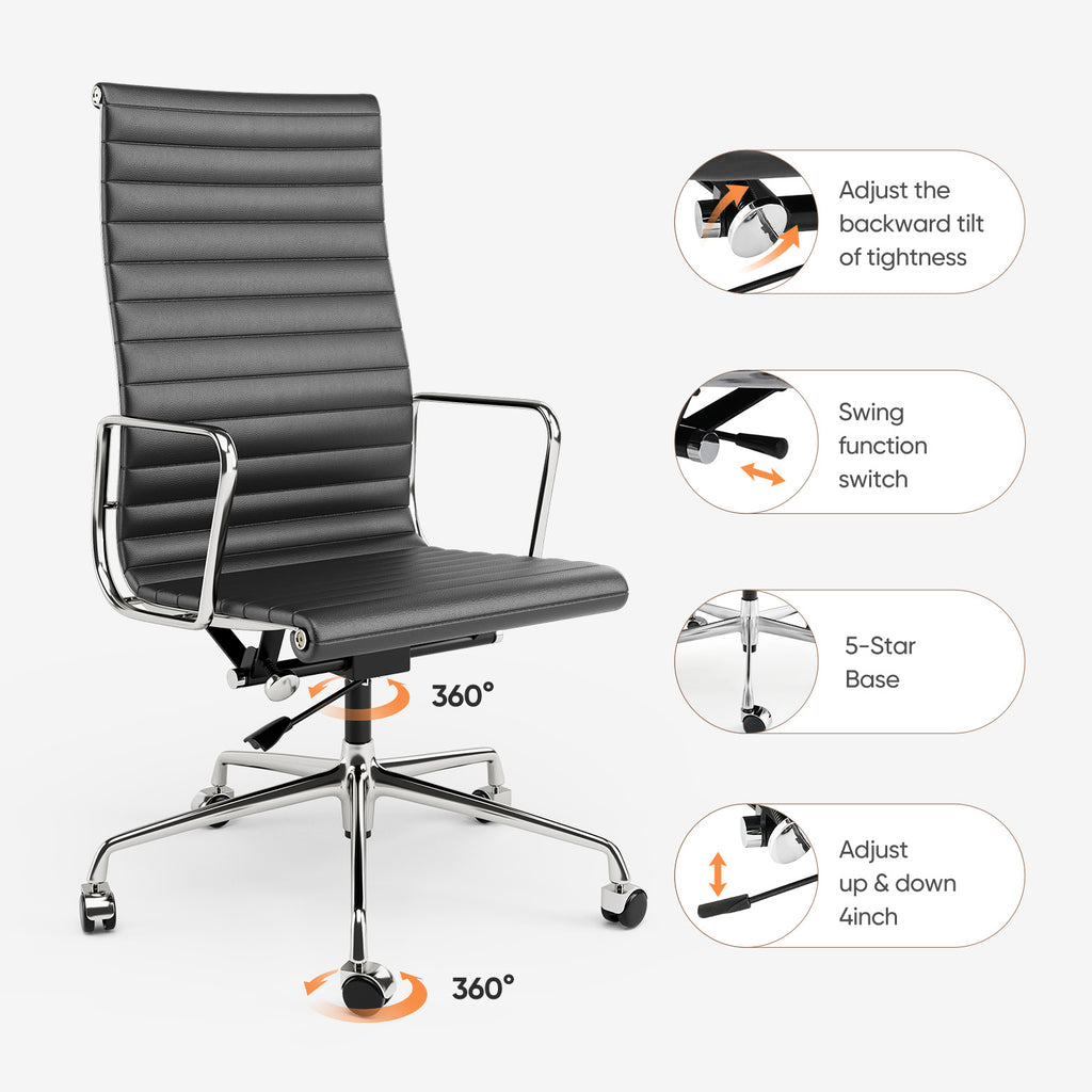 Cottinch Ribbed Genuine Leather Office Chair, Adjustable Ergonomic Computer Chair for Home Office Use