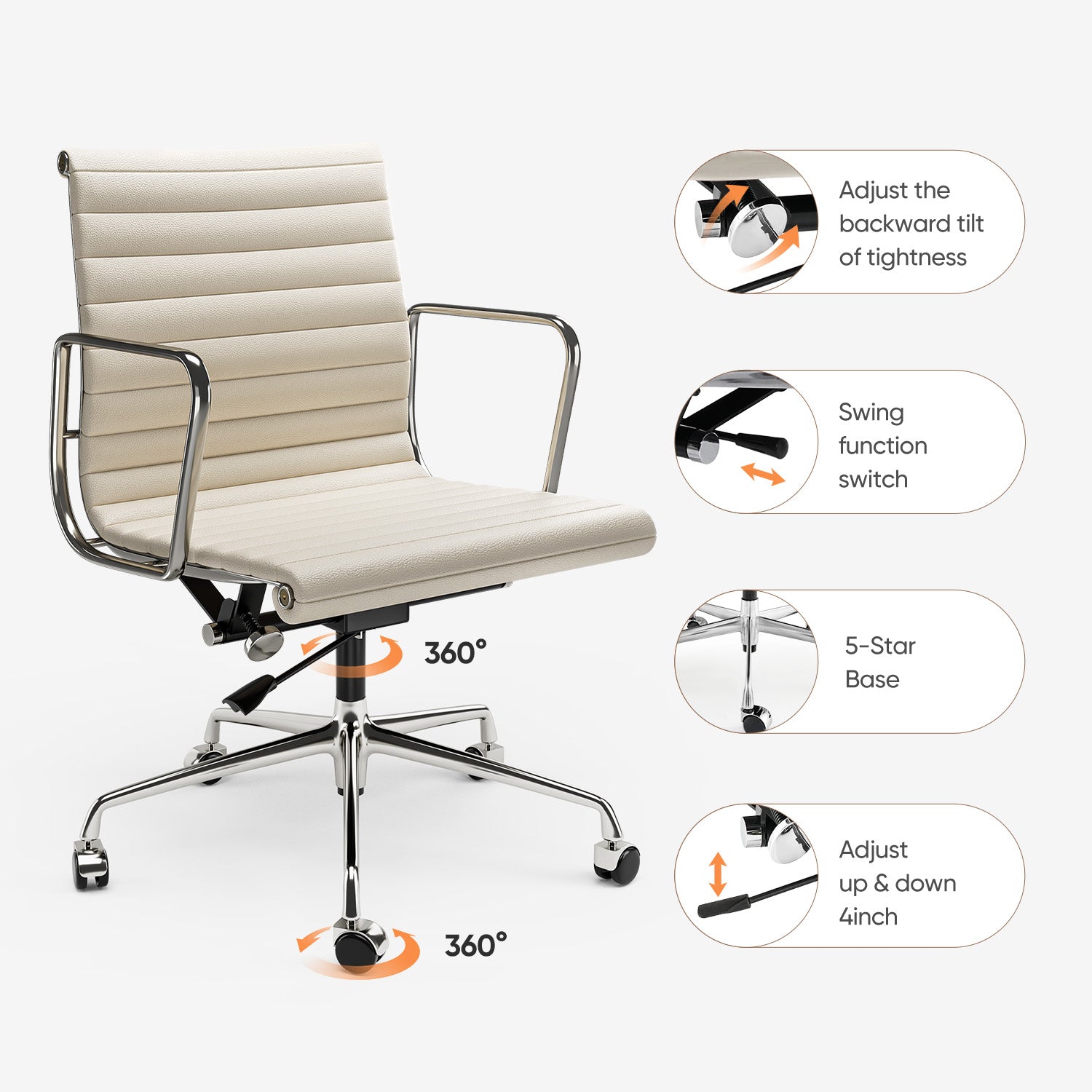 Cottinch Ribbed Genuine Leather Office Chair, Adjustable Ergonomic Computer Chair for Home Office Use