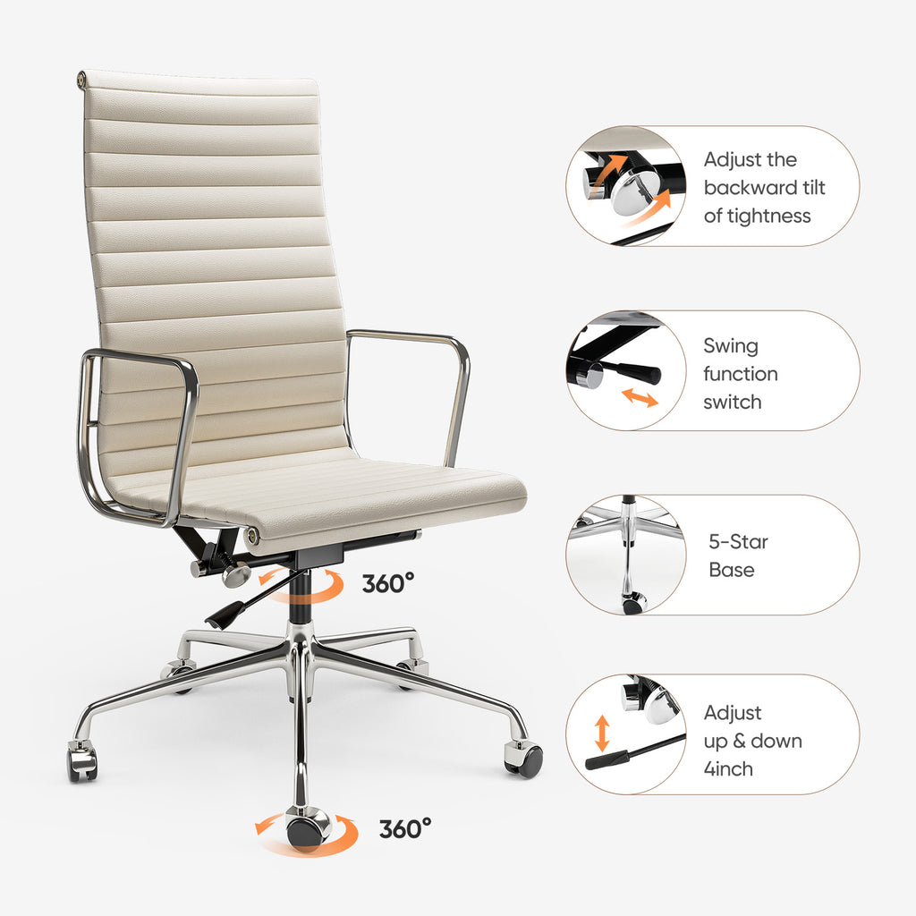 Cottinch Ribbed Genuine Leather Office Chair, Adjustable Ergonomic Computer Chair for Home Office Use