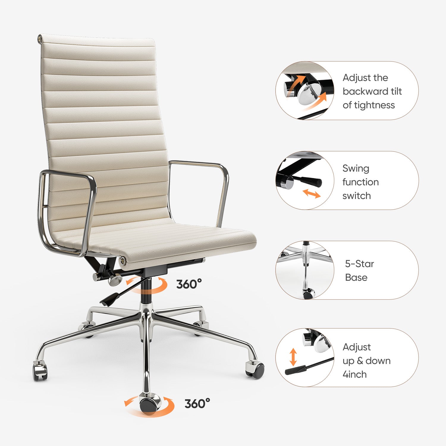 Cottinch Ribbed Genuine Leather Office Chair, Adjustable Ergonomic Computer Chair for Home Office Use