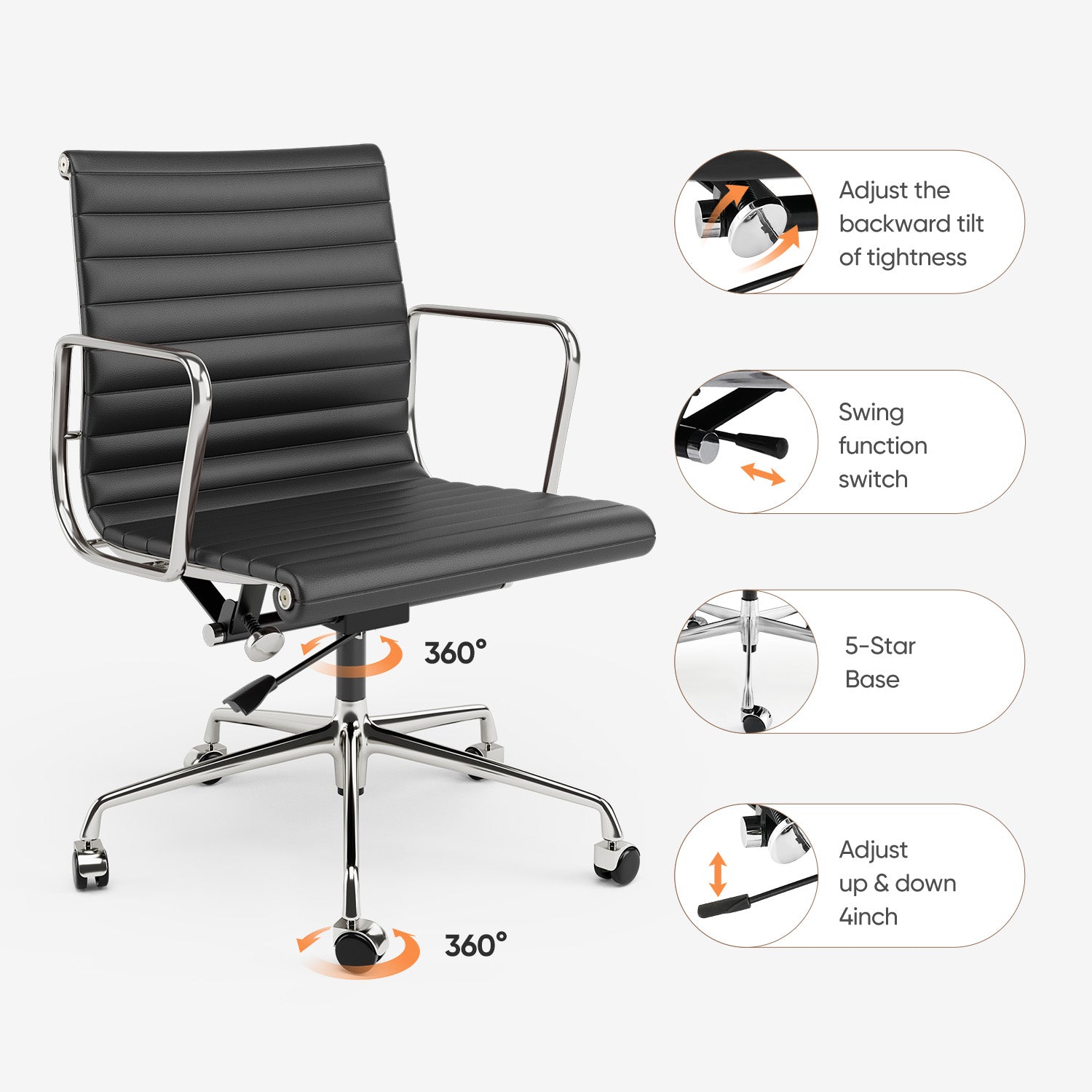 Cottinch Ribbed Genuine Leather Office Chair, Adjustable Ergonomic Computer Chair for Home Office Use