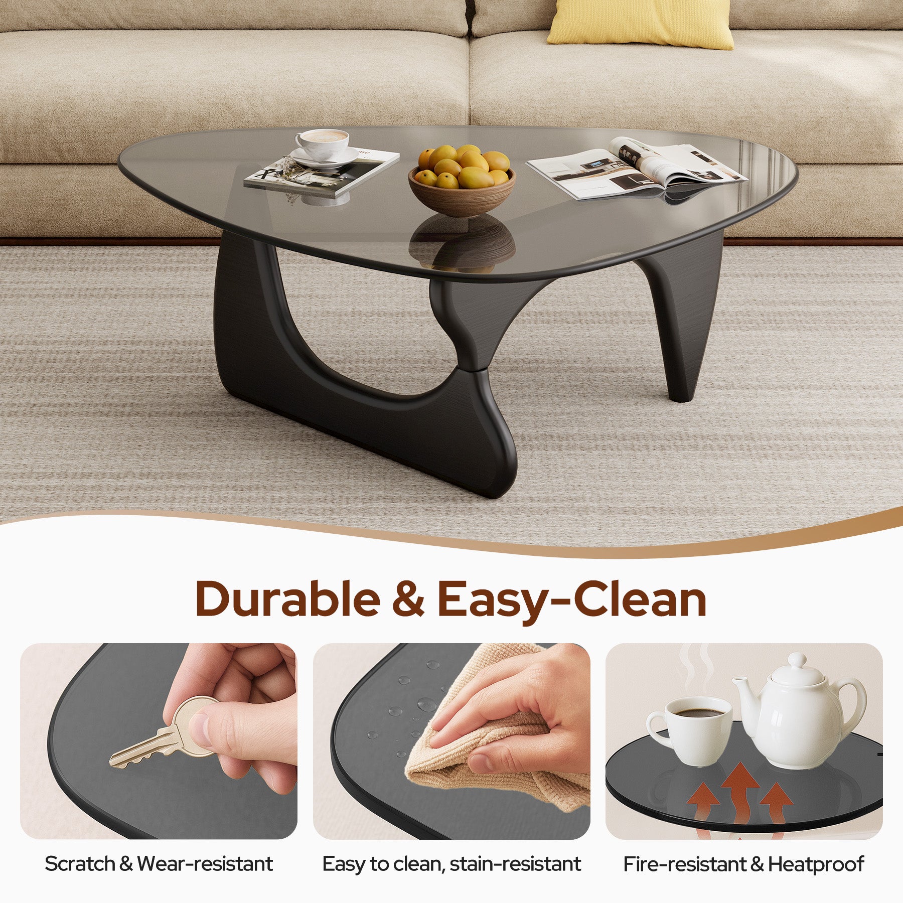 Modern Glass Coffee Table, Tempered Glass Top Center Table with Wood Base for Living Room Bedroom Office