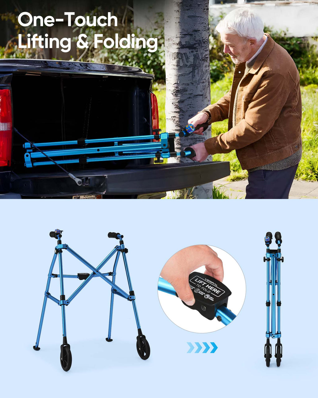 Verpal Lightweight Folding Walker for Seniors with 8 in Wheels, Steel, 330 lb Weight Capacity