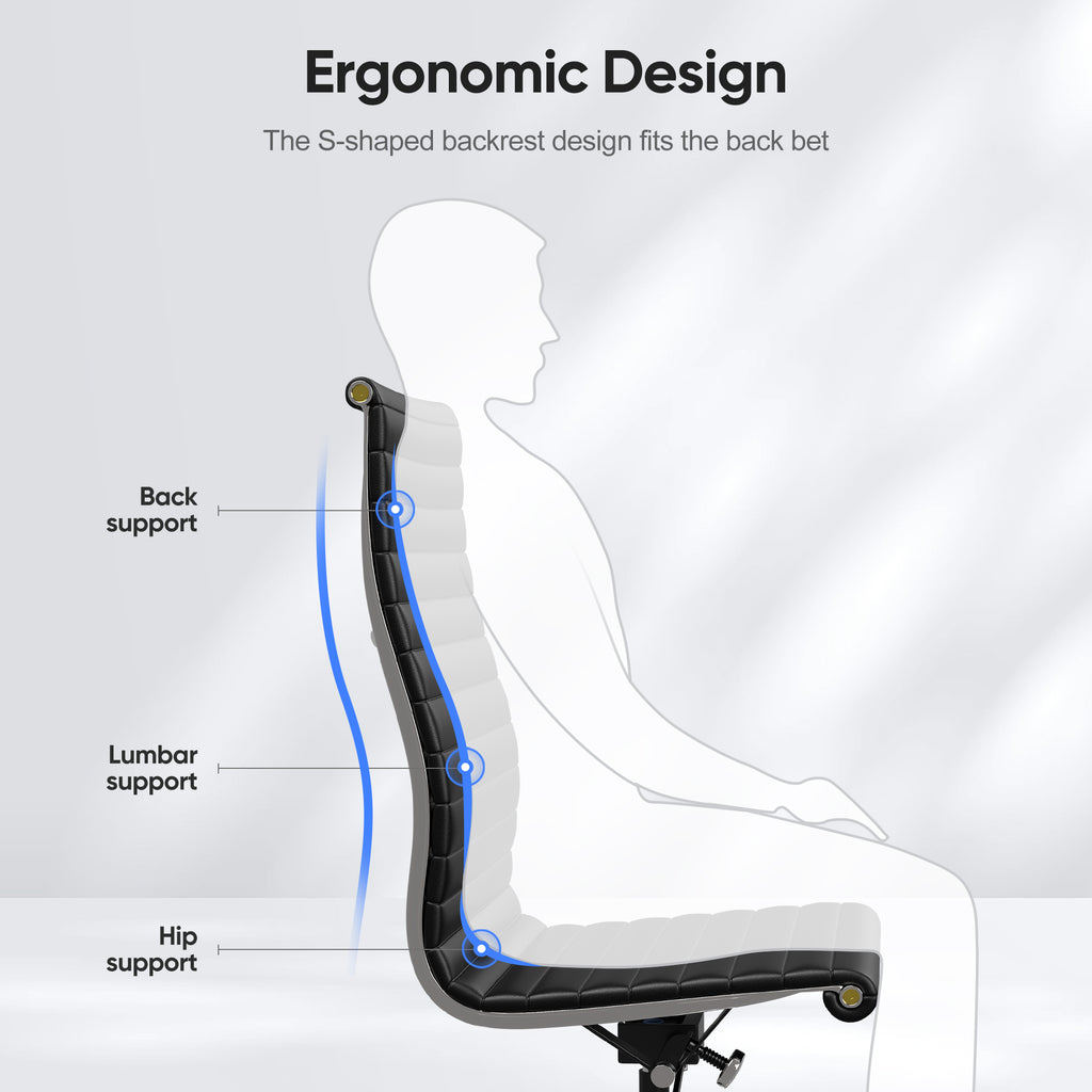 Cottinch Ribbed Office Chair High Back Armless Genuine Leather Ergonomic Desk Chair, Adjustable Height Executive Conference Task Chair Swivel Chair for Home Office