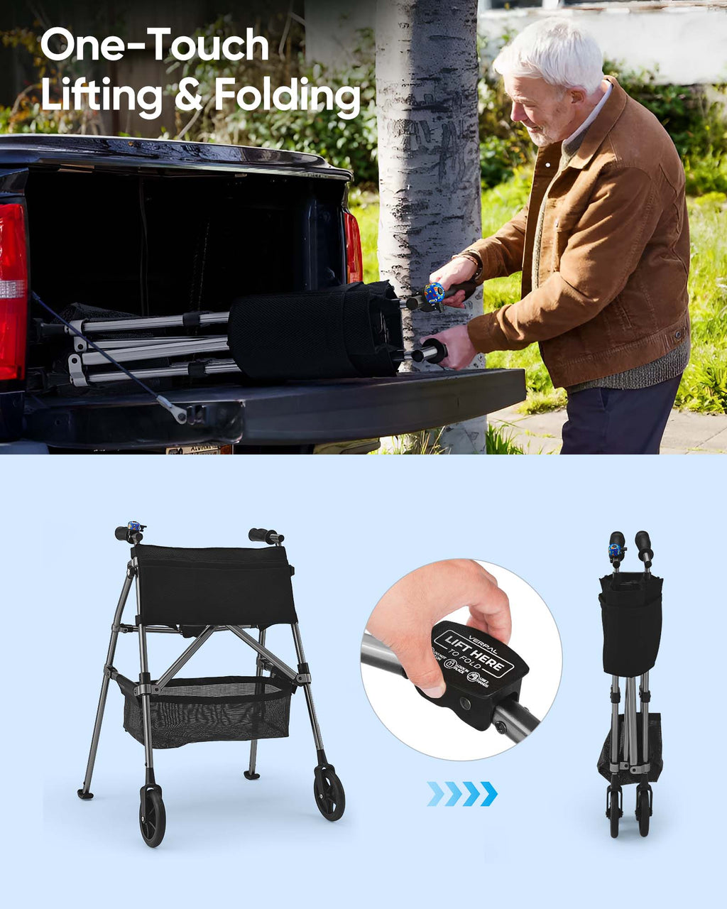 Verpal Lightweight Folding Walker for Seniors with 8 in Wheels, Steel, 330 lb Weight Capacity