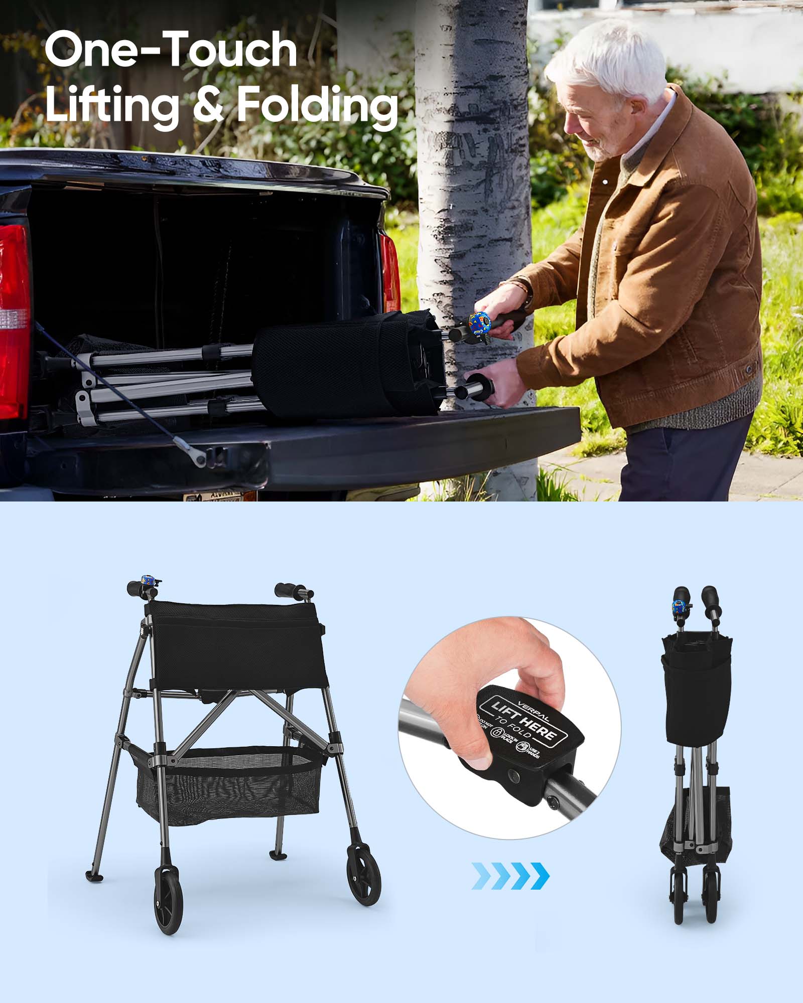 Verpal Lightweight Folding Walker for Seniors with 8 in Wheels, Steel, 330 lb Weight Capacity