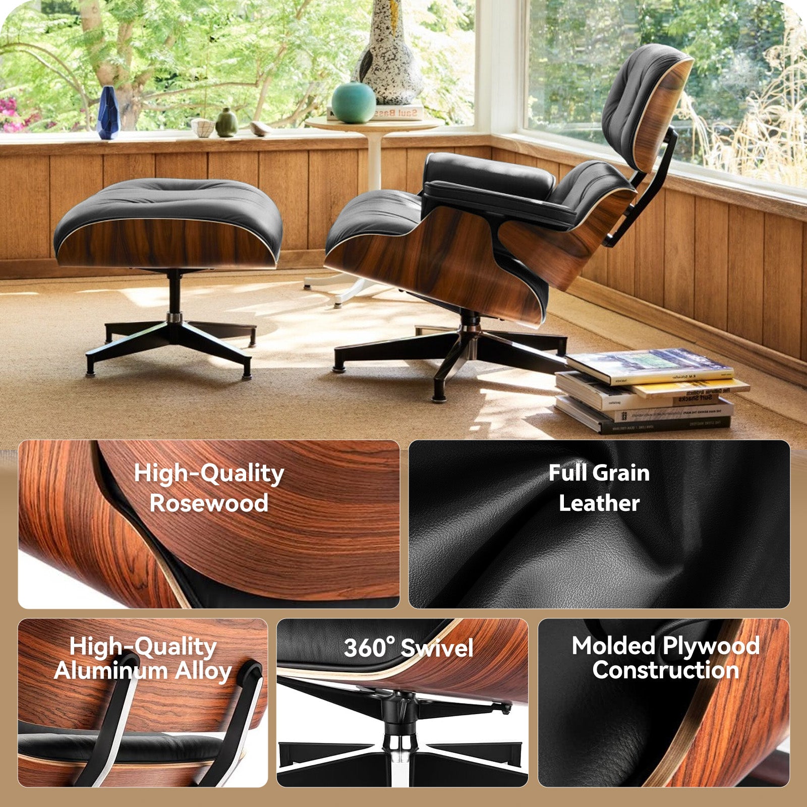Mid-Century Chaise Lounge Chair with Ottoman Leather Armchair Swivel Accent Chair and Metal Base,Walnut Pattern,Black