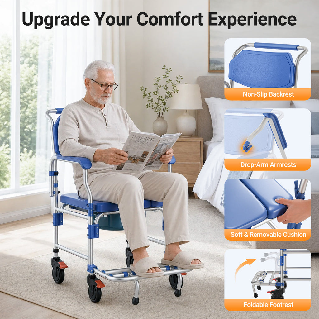 Morrean Updated Rolling Shower Chair Bedside Commode, Lockable Wheelchair Bedside Toilet Seat, 6.3QT Removable Bucket and Splash Guard, 330lbs Load