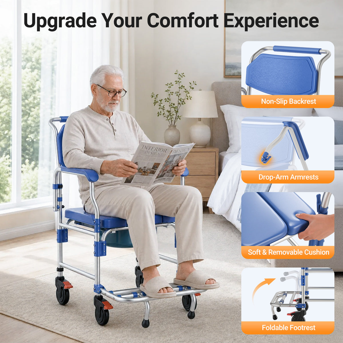 Morrean Updated Rolling Shower Chair Bedside Commode, Lockable Wheelchair Bedside Toilet Seat, 6.3QT Removable Bucket and Splash Guard, 330lbs Load