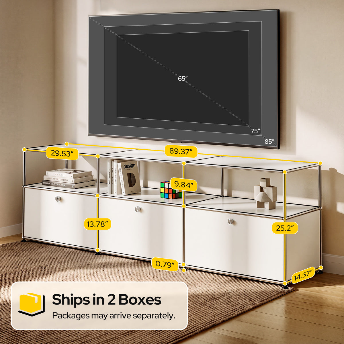 Cottinch Modular Metal TV Cabinet, Open‑Side Media Cabinet with Cable Holes, Storage TV Stand for Living Room Entertainment,White