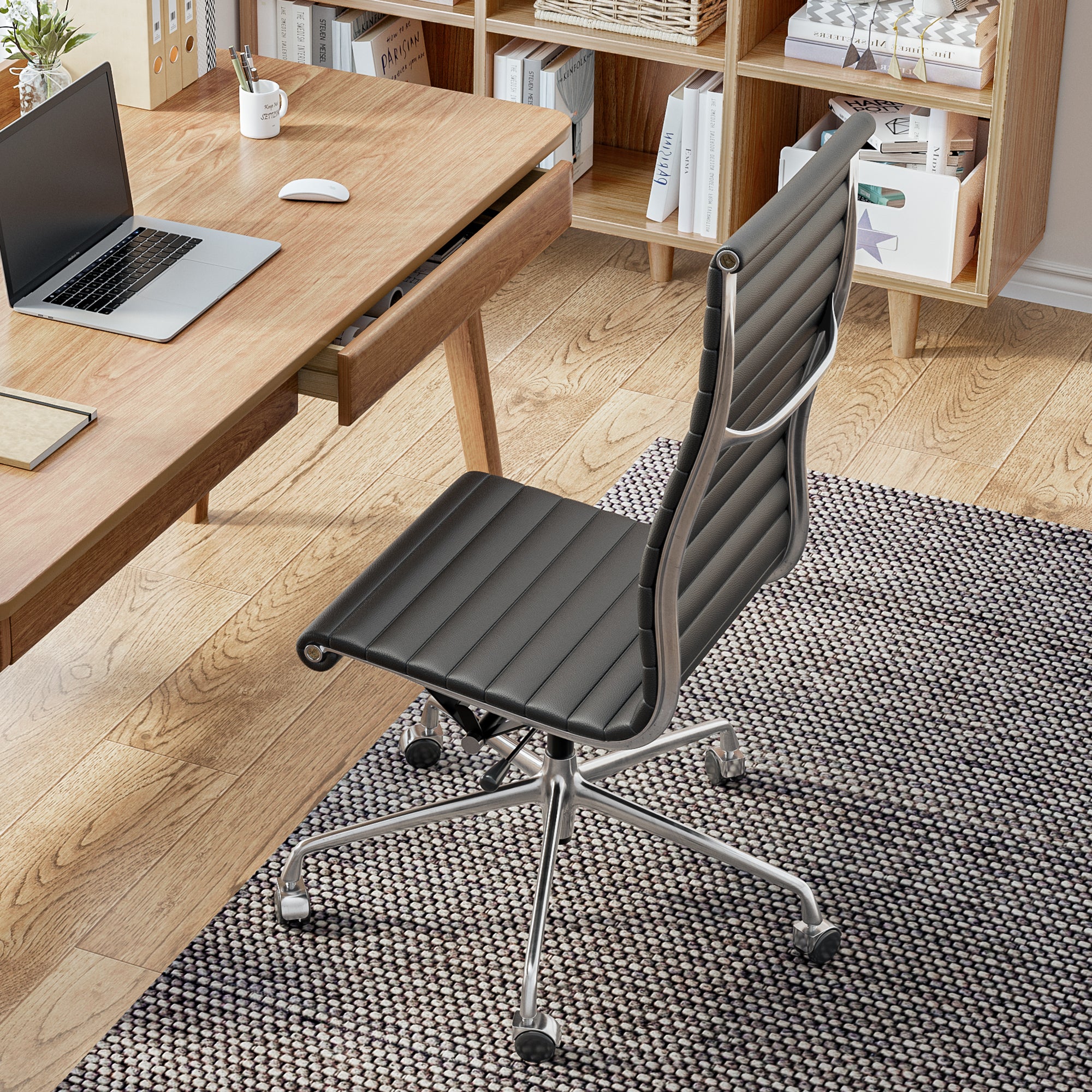 Cottinch Ribbed Office Chair High Back Armless Genuine Leather Ergonomic Desk Chair, Adjustable Height Executive Conference Task Chair Swivel Chair for Home Office