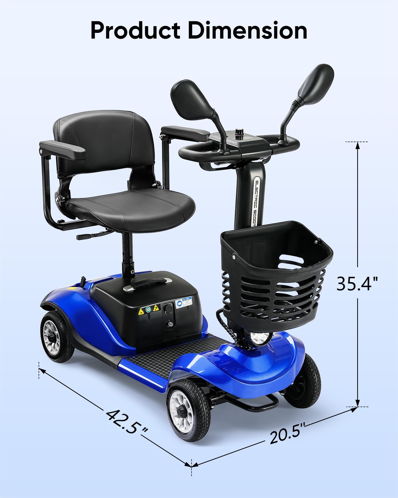 Morrean 4 Wheels Folding Travel Mobility Scooter for Senior, Electirc Wheelchair with Basket for Adults, Blue