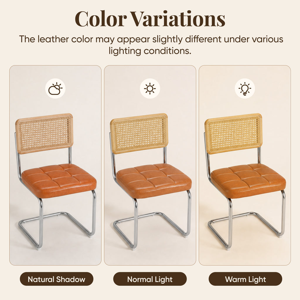 eChamp Mid Century Modern Dining Chairs Set of 2, PU Upholstered Natural Rattan Kitchen Chairs Accent Chair with Metal Chrome Legs for Living Room