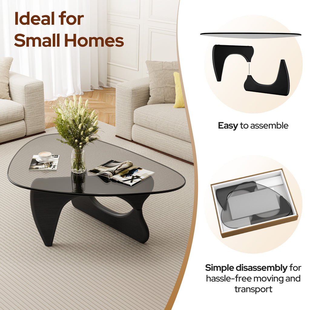 Modern Glass Coffee Table, Tempered Glass Top Center Table with Wood Base for Living Room Bedroom Office