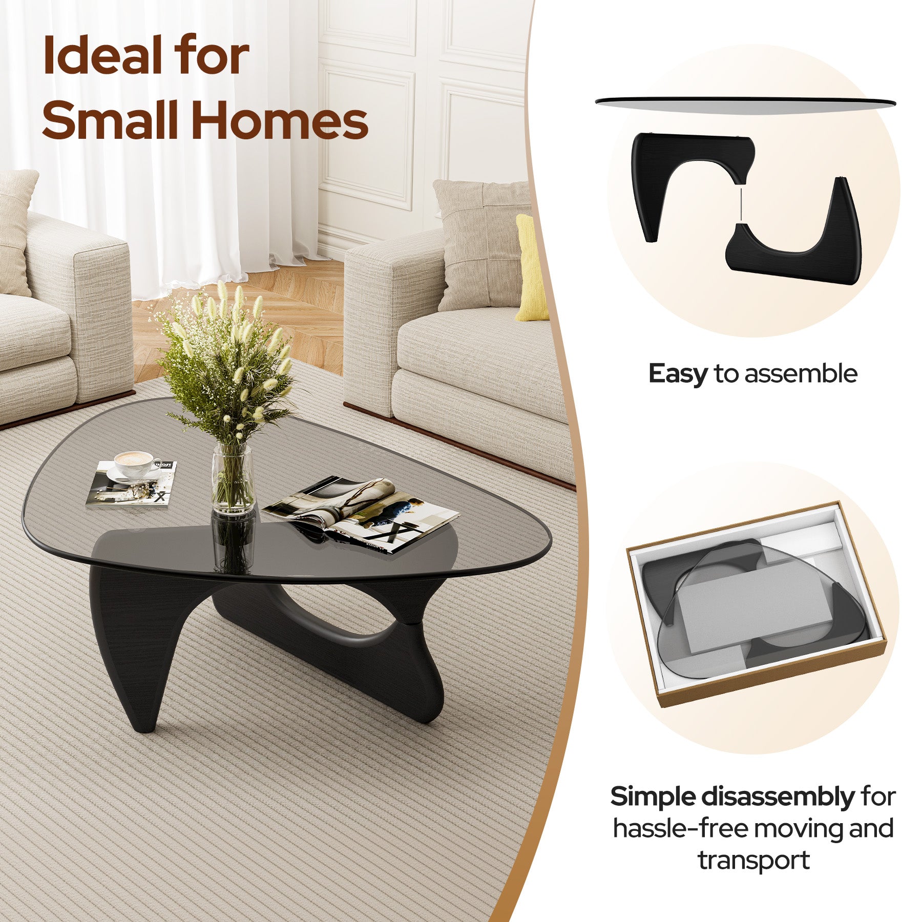 Modern Glass Coffee Table, Tempered Glass Top Center Table with Wood Base for Living Room Bedroom Office