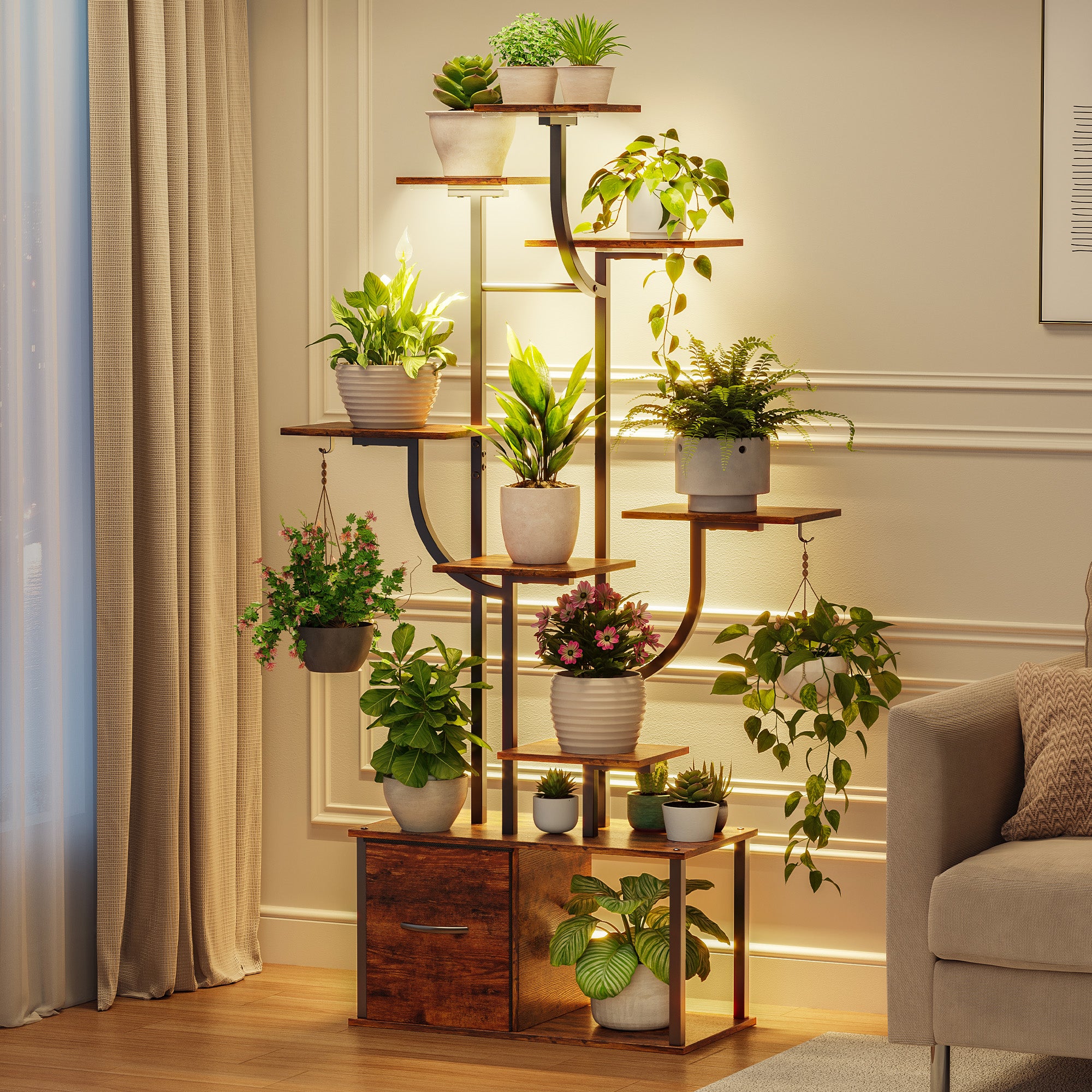 eChamp Plant Stand with Grow Light 3 Color Modes & Storage Drawer, 59" Tall Indoor Plant Shelf 9-Tier Metal Plant Rack Flower Holder for Home, Patio, 10 Brightness Levels, Timer, Wide Base