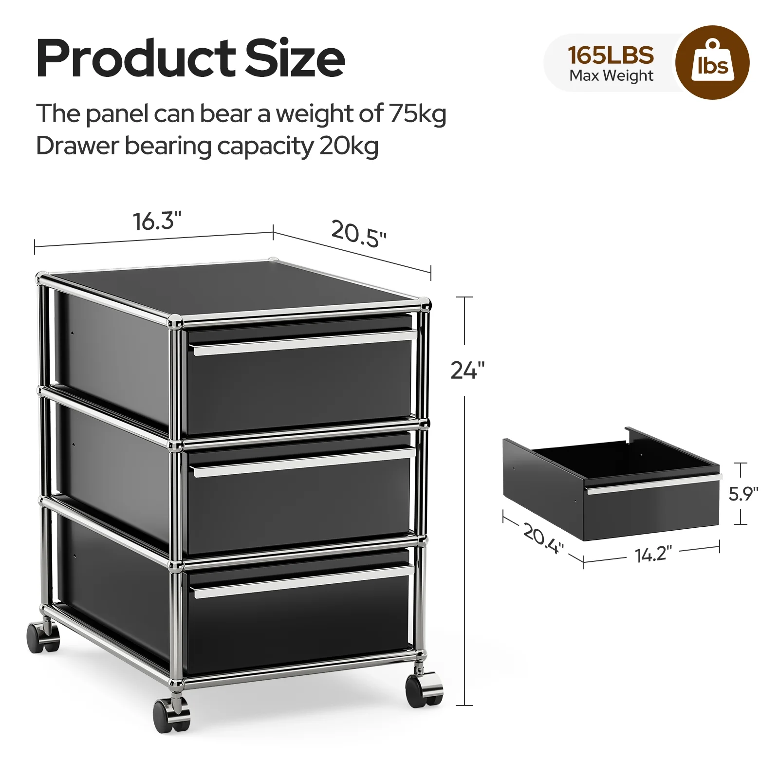Raffle Pinker Metal Storage Cabinets with 3 Drawers,Rolling Accent Cabinets Storage Organizer for Home Office,Black
