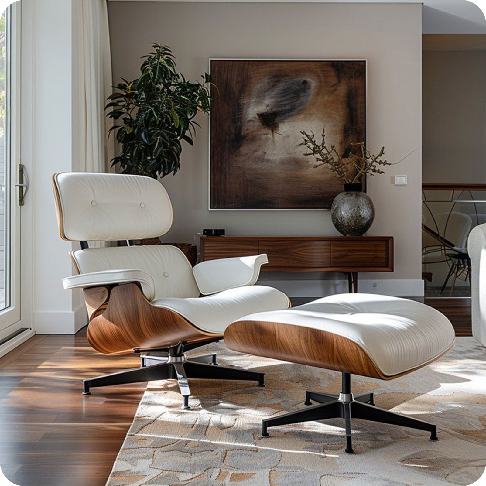Mid-Century Chaise Lounge Chair with Ottoman Leather Armchair Swivel Accent Chair and Metal Base,Walnut Pattern,Black