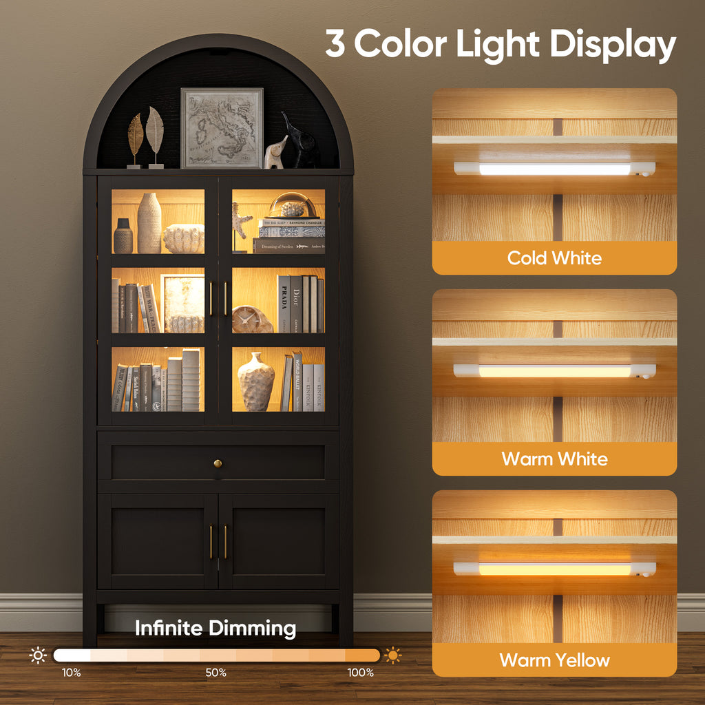 71" Tall Arched Bookshelf, Kitchen Pantry Storage Cabinet, 3-ier BooTkcase with 2 Glass Doors for Living Room, Kitchen, Home Office
