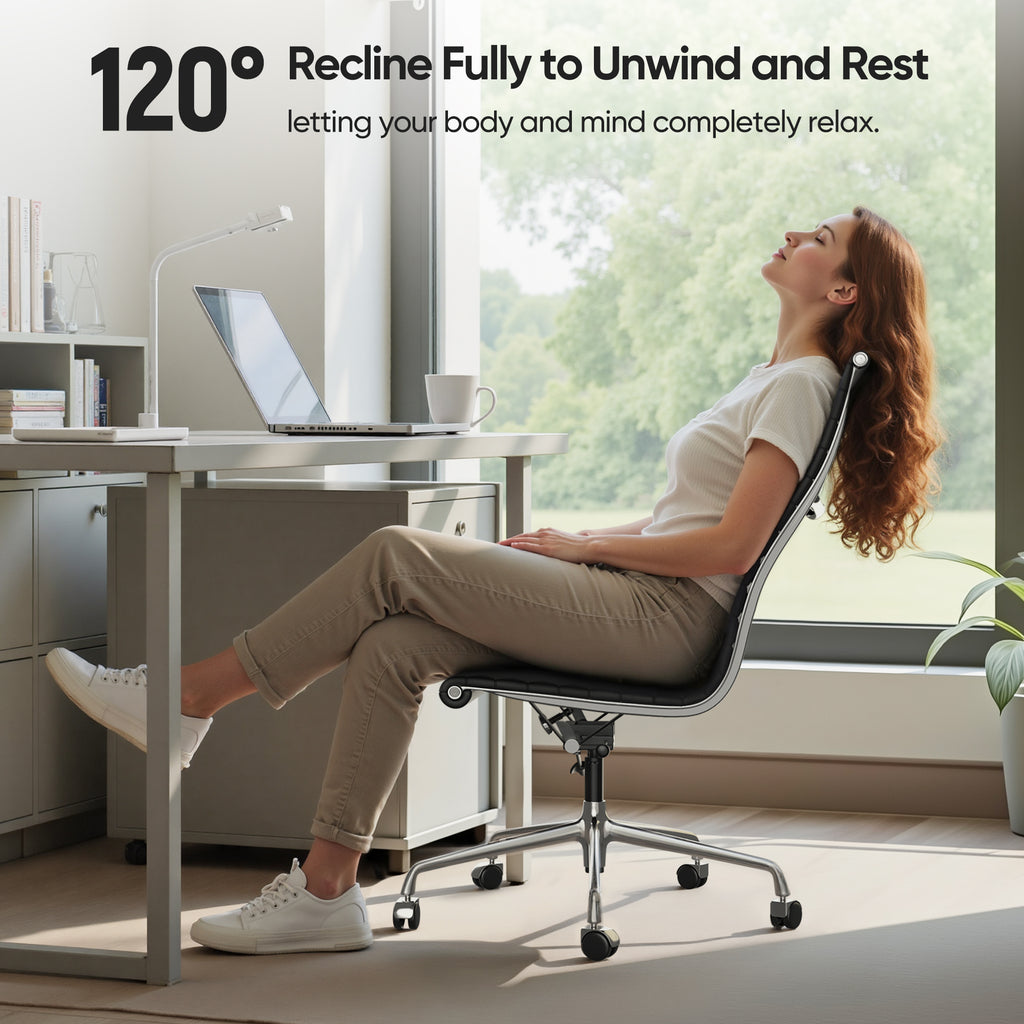 Cottinch Ribbed Office Chair High Back Armless Genuine Leather Ergonomic Desk Chair, Adjustable Height Executive Conference Task Chair Swivel Chair for Home Office