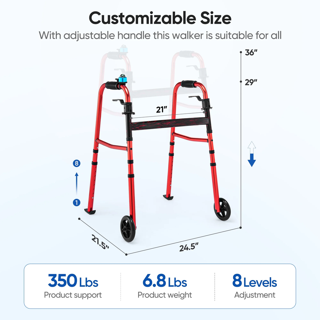 Verpal Compact Foldig Walker with 5" Wheels, Adjustable Lightweight Mobility Aids Walker for Seniors, 350lb Weight Capacity, Red