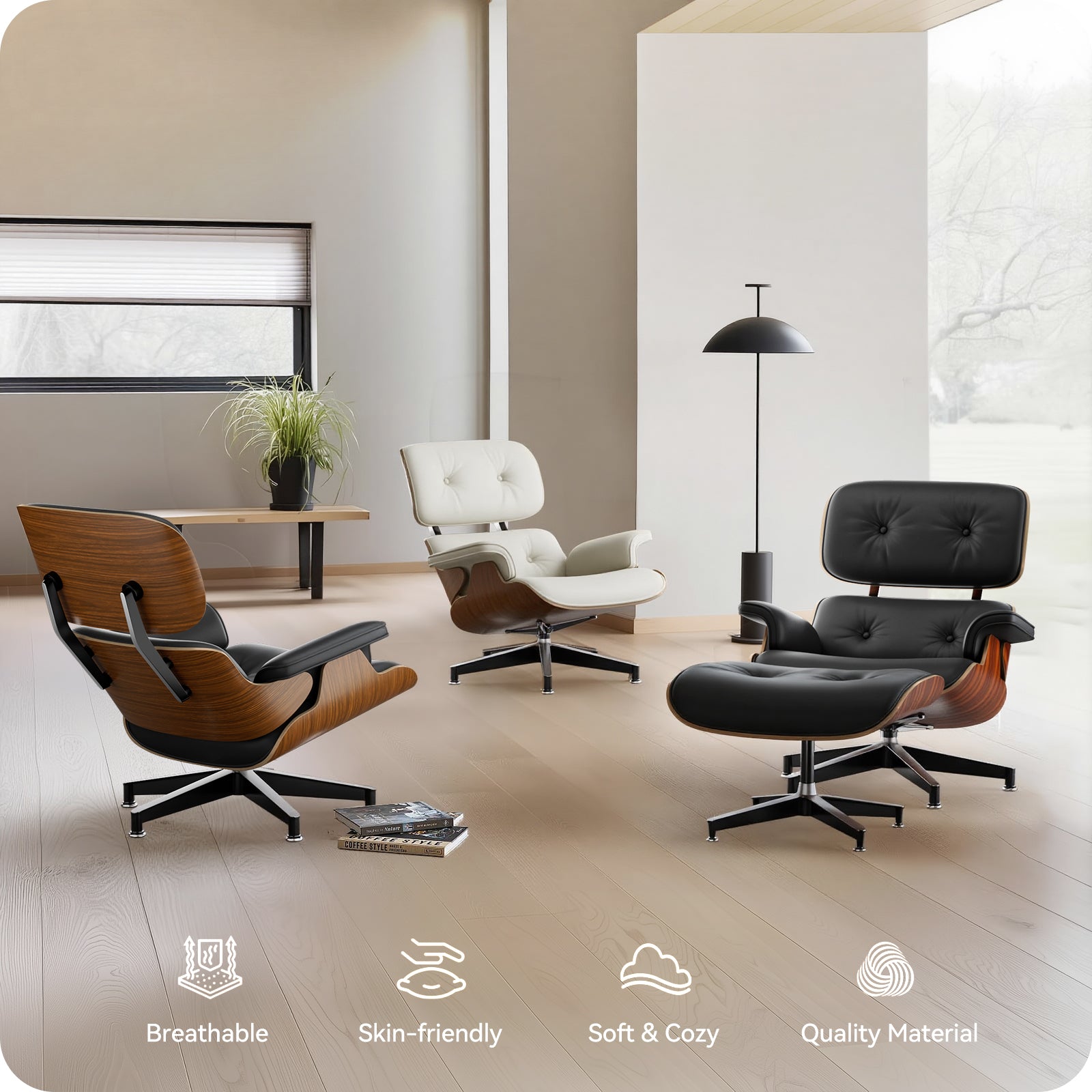 Cottinch Top Black Grain Leather, Mid Century Chaise Lounge Chair with Ottoman, Modern Leather Armchair Swivel Accent Chair and Metal Base for Living Room Office, Walnut Pattern