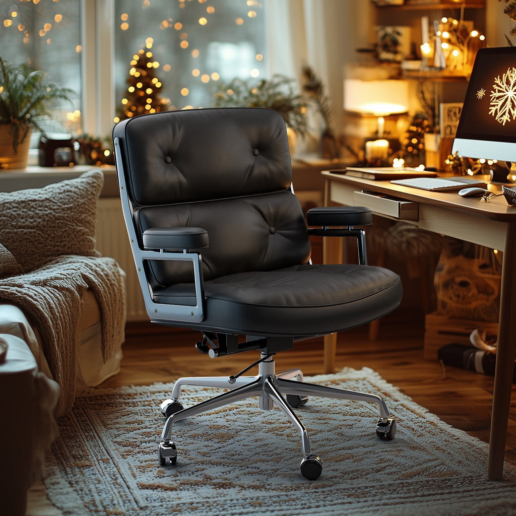 Cottinch Mid Back Genuine Leather Office Chair, Adjustable Height and Liftable Swivel Computer Chair with Rolling Casters for Home Office Use