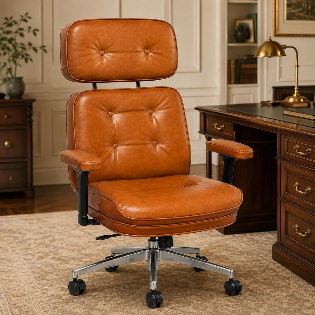 Cottinch Mid-Century Modern Genuine Leather Office Chair, High Back Ergonomic Desk Chair with 135° Recline, Adjustable Armrests & Lumbar Support, Brown