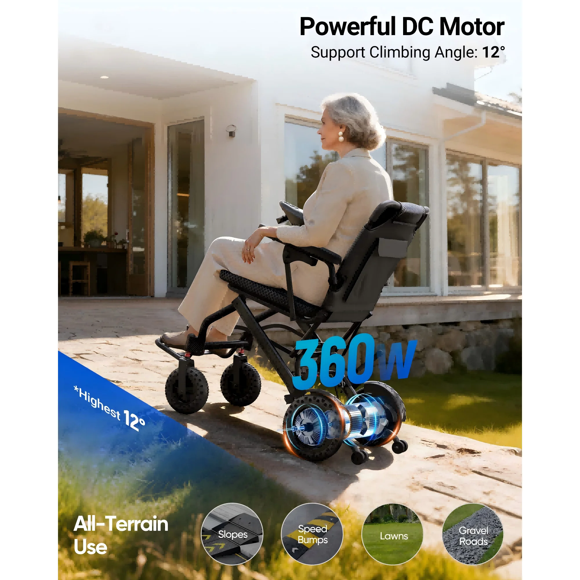 Wefree Lightweight Foldable Electric Wheelchair 16.5" Padded Seat,5-Speed All Terrain Motorize Wheelchair for Adult Senior,6Ah Battery,250lb Limit