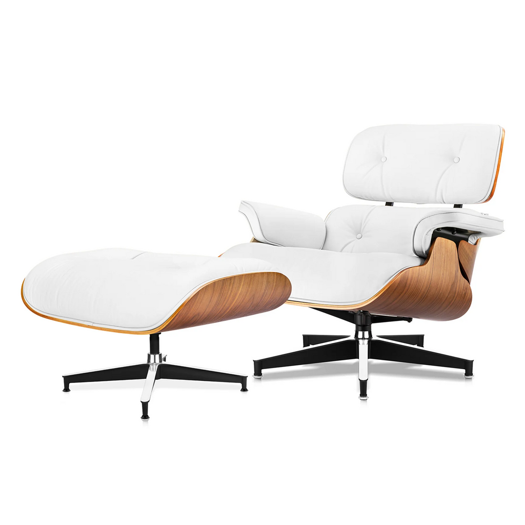 Mid-Century Chaise Lounge Chair with Ottoman Leather Armchair Swivel Accent Chair and Metal Base,Walnut Pattern,Black