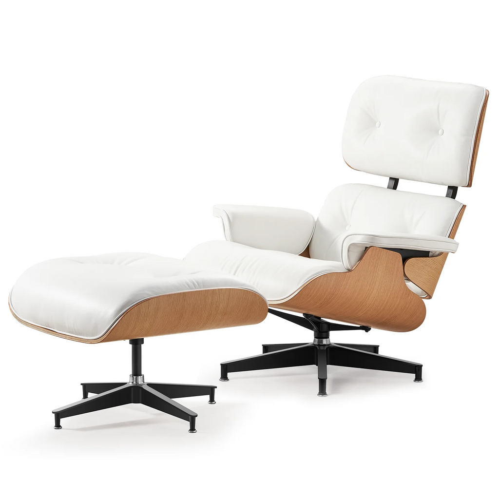 Mid-Century Chaise Lounge Chair with Ottoman Leather Armchair Swivel Accent Chair and Metal Base,Walnut Pattern,Black