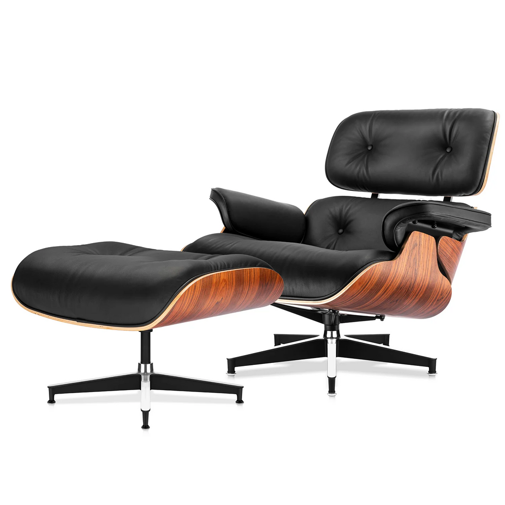 Mid-Century Chaise Lounge Chair with Ottoman Leather Armchair Swivel Accent Chair and Metal Base,Walnut Pattern,Black