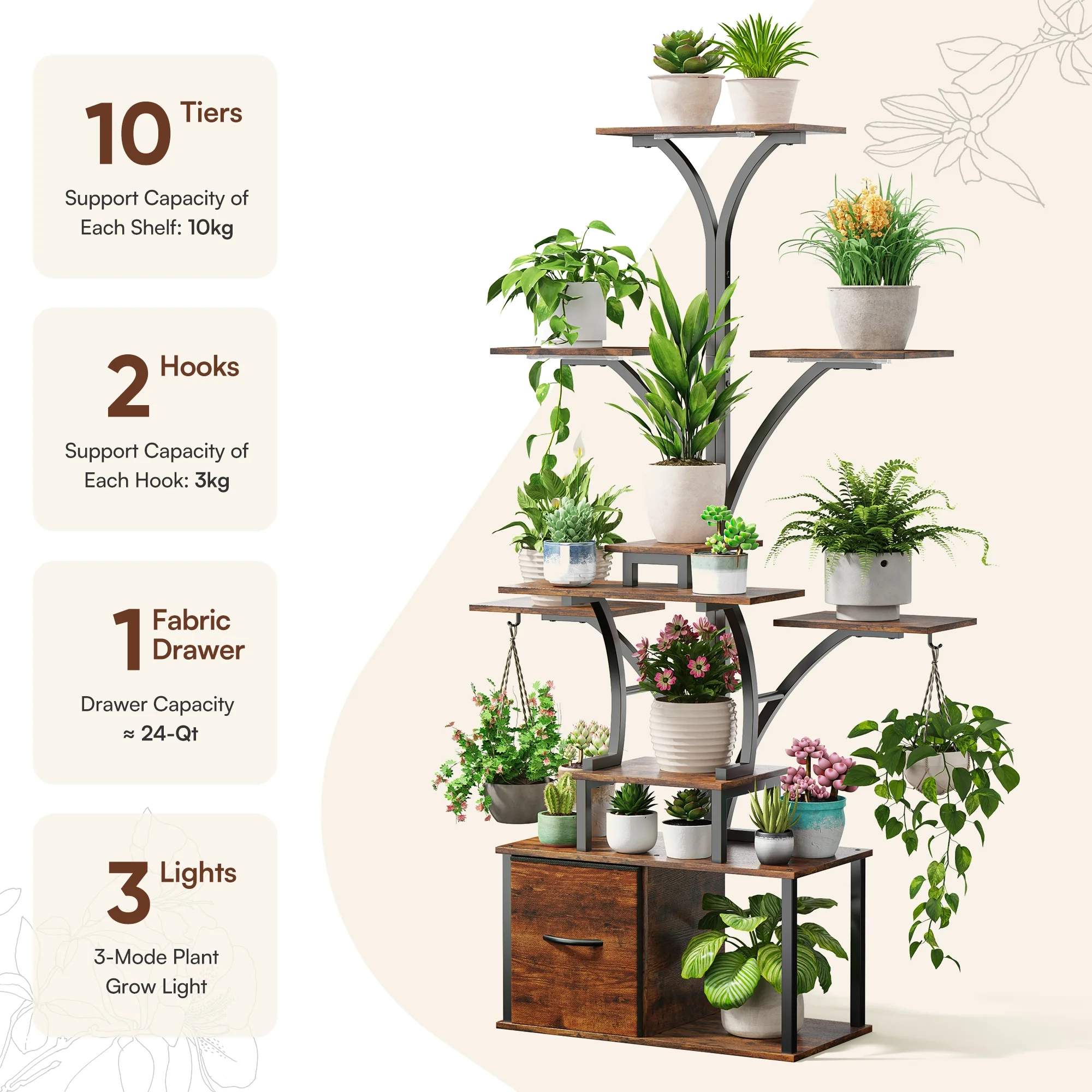 eChamp Plant Stand with Grow Light 3 Color Modes & Storage Drawer, 63" Tall Indoor Plant Shelf 10-Tier Metal Plant Rack Flower Holder for Home, Patio, 10 Brightness Levels, Timer, Wide Base