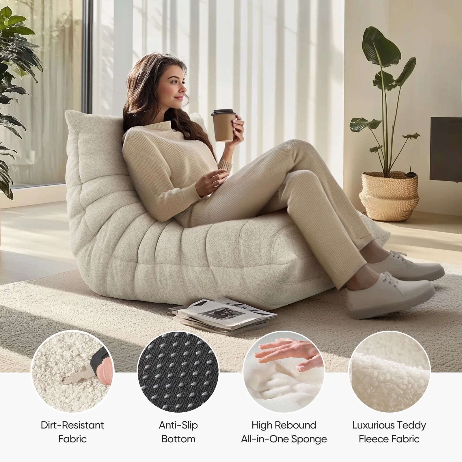 Raffle Pinker Giant Bean Bag Chair Lazy Floor Sofa, Memory Foam Fireside Sofa for Adults, for Living Room Bedroom Dorm Office