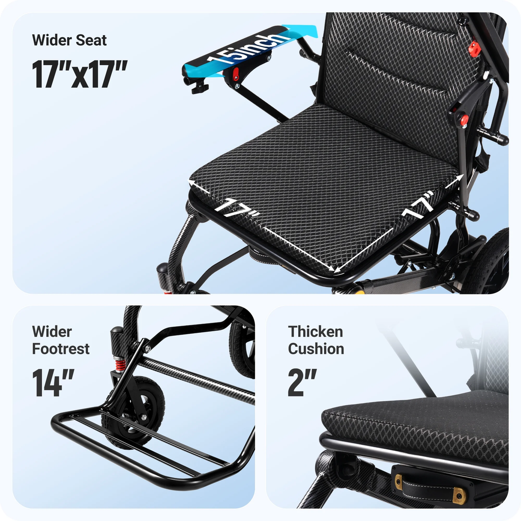Wefree 15 Miles Lightweight Electric Wheelchairs for Seniors,Padded 17" Seat & All Terrain Wheels, LED Light, 300lb