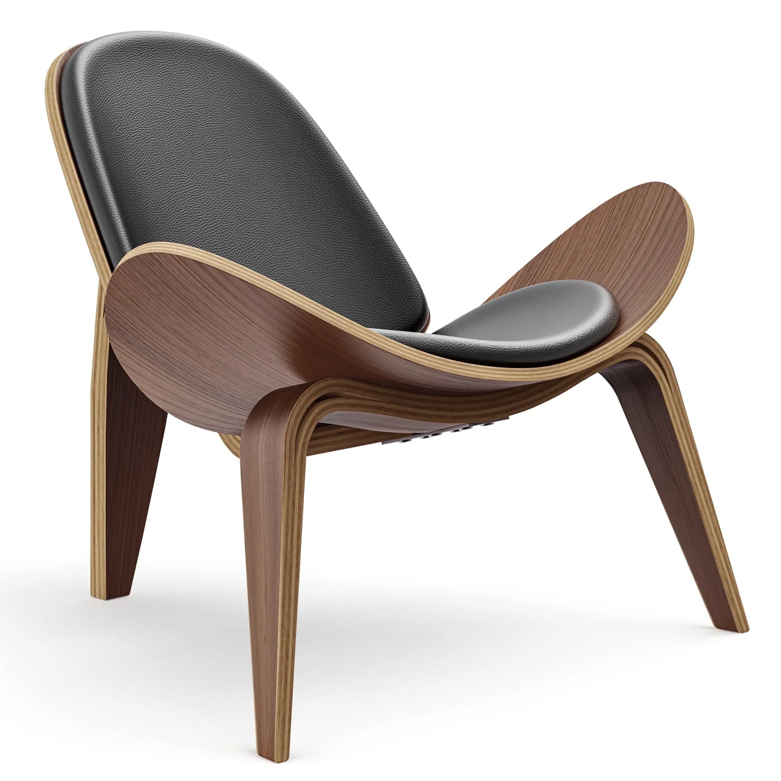 Cottinch Mid Century Modern Shell Lounge Chair, Tripod Plywood Design Solid Wood Accent Chair Black PU Leather Chair Armless Chair for Living Room, Reading, Lounge, Office, Rosewood