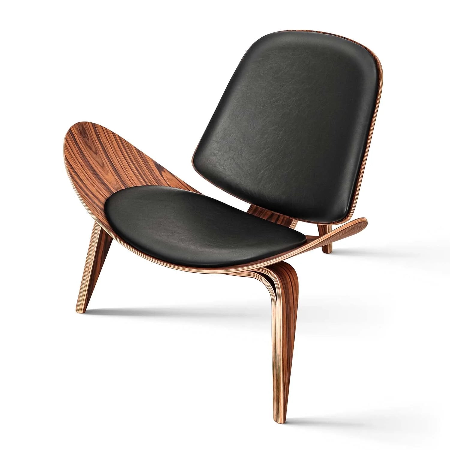 Three-Legged Shell Chair Mid-Century Wood Chair Black PU Leather Chair for Living Room, Reading Side Chair,Rosewood