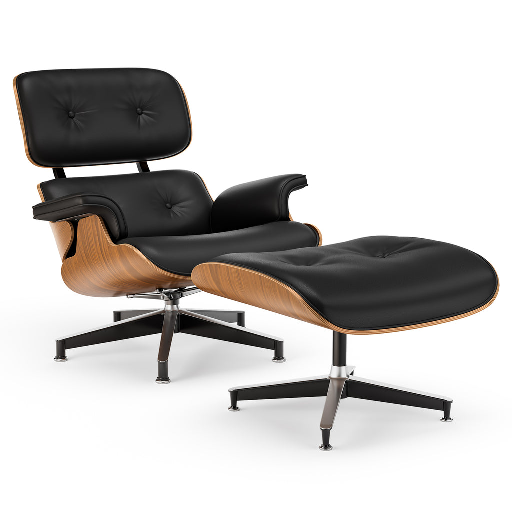 Cottinch Top Black Grain Leather, Mid Century Chaise Lounge Chair with Ottoman, Modern Leather Armchair Swivel Accent Chair and Metal Base for Living Room Office, Walnut Pattern