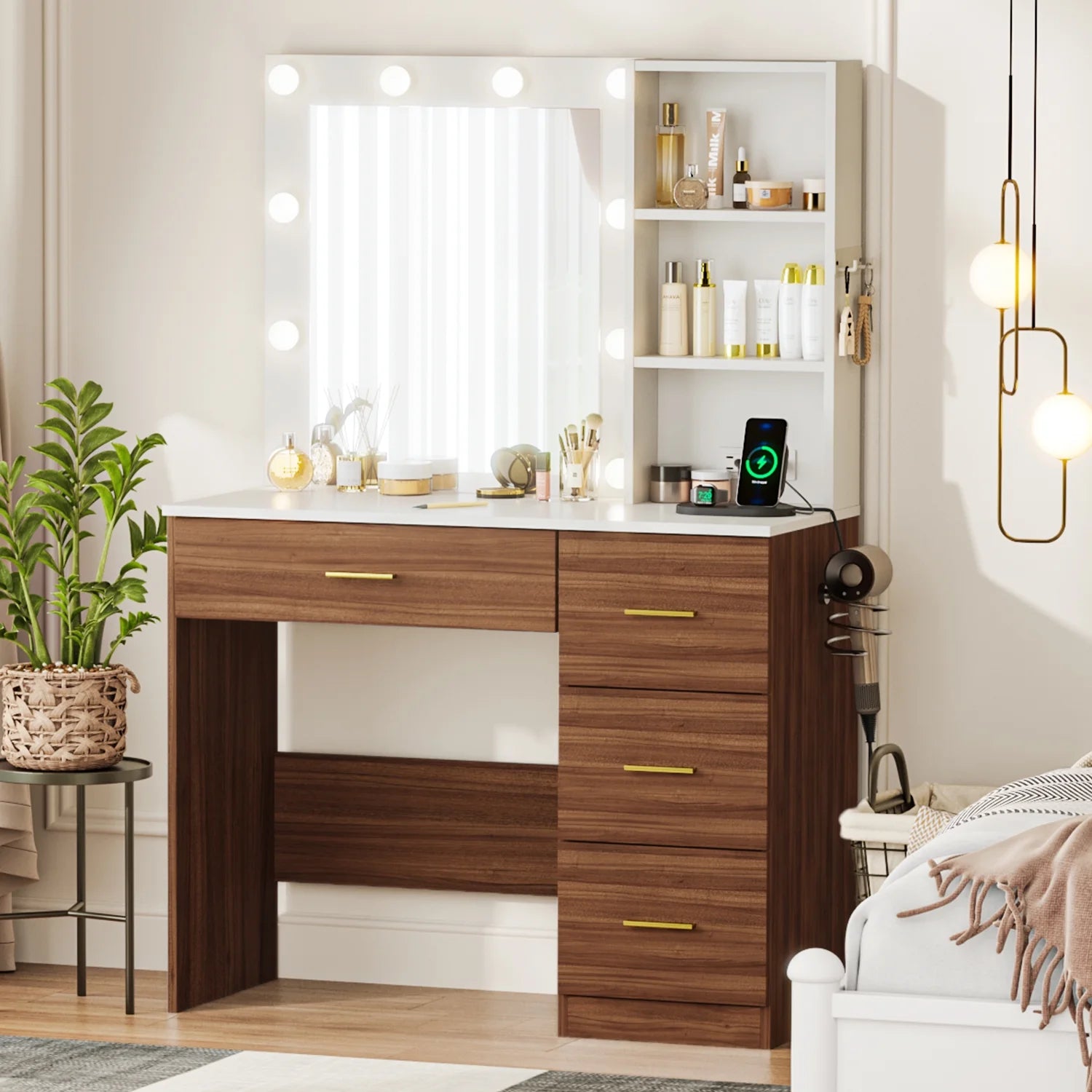 eChamp Vanity Desk with 3 Color Lights and Mirror Makeup Dressing Table with 4 Drawers,Charging Station,Adjustable Brightness Dresser,Brown