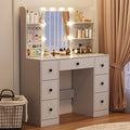 eChamp Makeup Vanity Desk with 3 Color Lights and Mirror,Dressing Vanity Table 7 Drawers,Charging Station,Hooks & Shelves,Adjustable Brightness Dresser, White