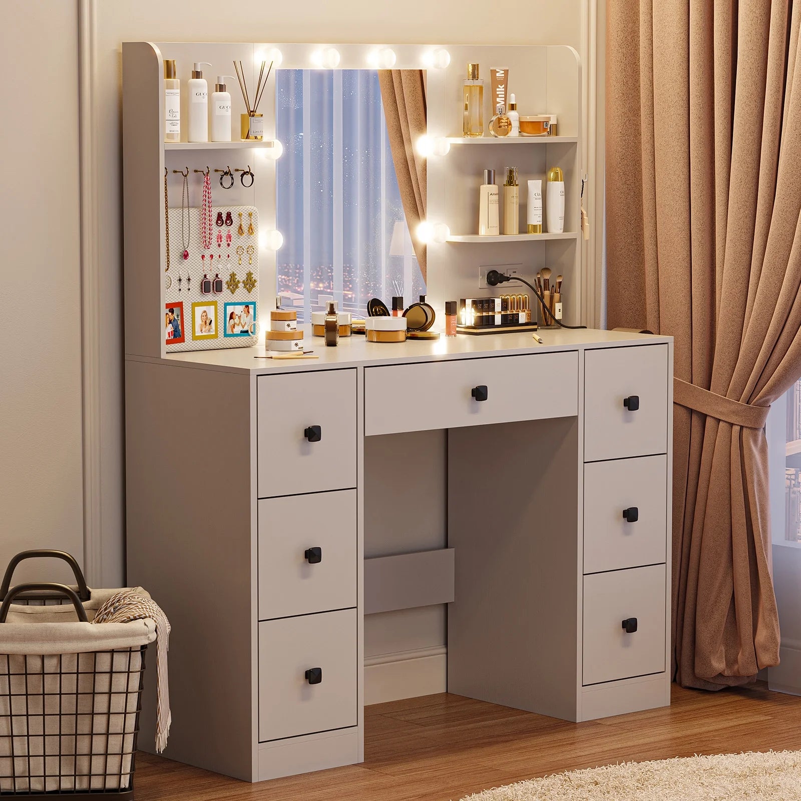 eChamp Makeup Vanity Desk with 3 Color Lights and Mirror,Dressing Vanity Table 7 Drawers,Charging Station,Hooks & Shelves,Adjustable Brightness Dresser, White