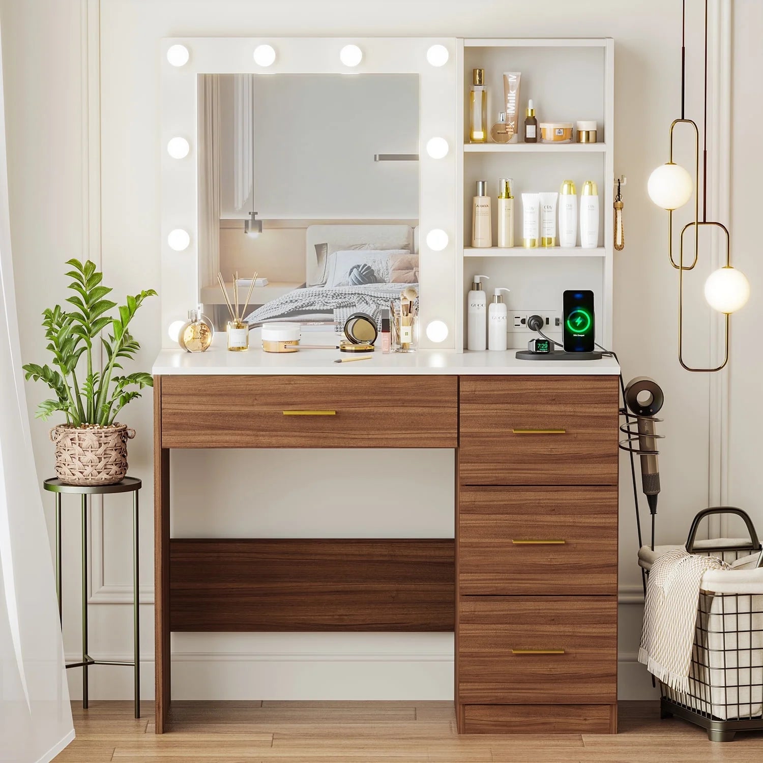 Raffle Pinker Vanity Desk Makeup Dressing Table with Mirror and Lights,4 Drawers,Storage Shelves,Power Outlet,Brown