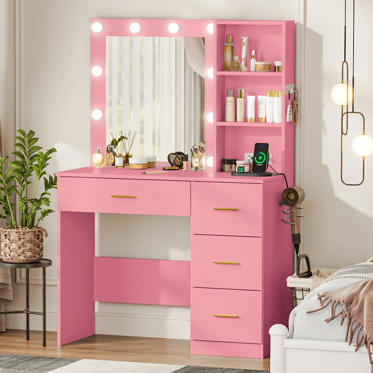 eChamp Vanity Desk with 3 Color Lights and Mirror Makeup Dressing Table with 4 Drawers,Charging Station,Adjustable Brightness Dresser,Pink
