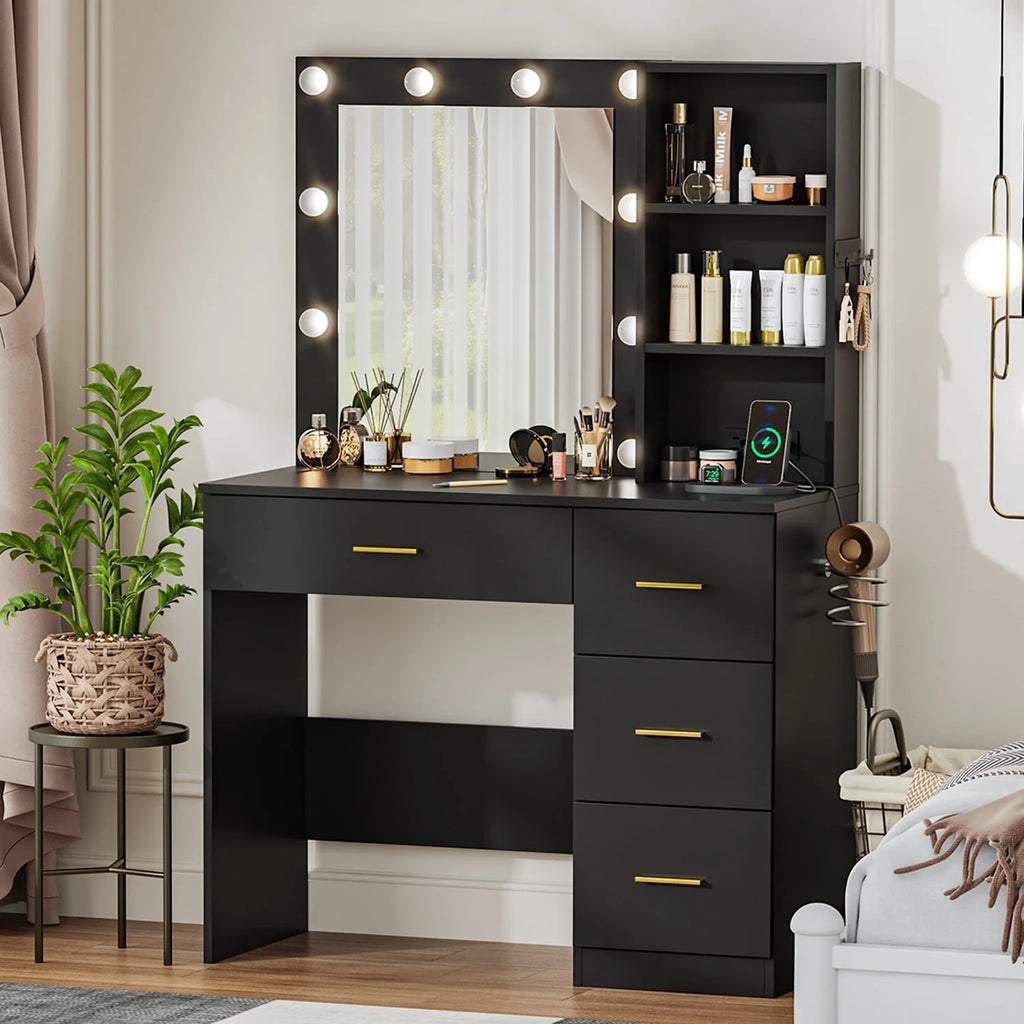 Raffle Pinker Makeup Vanity Desk Dressing Table with 4 Drawers,Storage Shelves,Power Outlet
