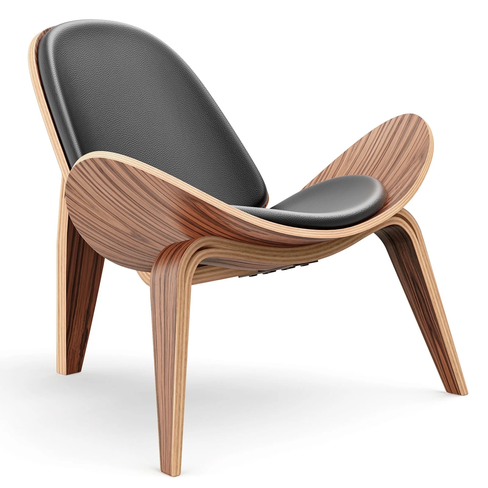 Cottinch Mid Century Modern Shell Lounge Chair, Tripod Plywood Design Solid Wood Accent Chair Black PU Leather Chair Armless Chair for Living Room, Reading, Lounge, Office, Rosewood