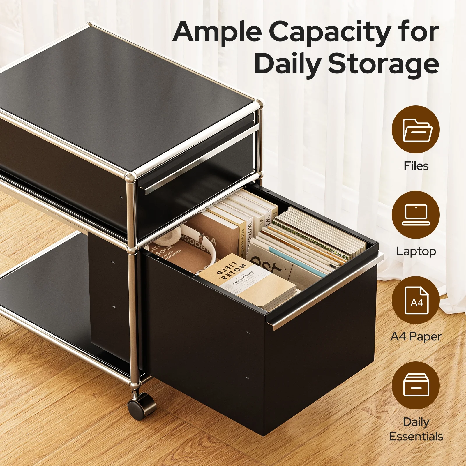 Raffle Pinker Metal Storage Cabinets with 3 Drawers,Rolling Accent Cabinets Storage Organizer for Home Office,Black