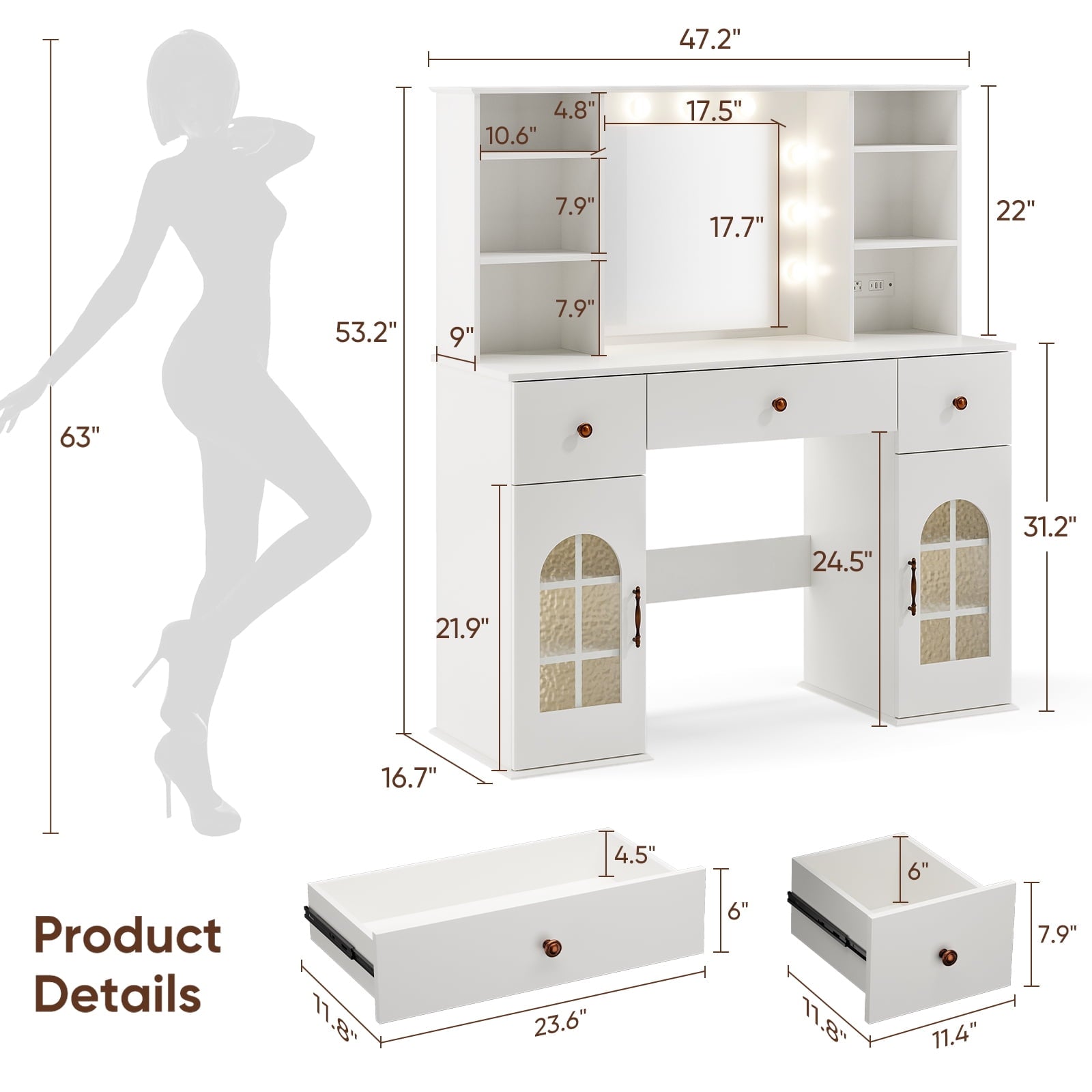 Cottinch Vanity Desk with Mirror and Lights, 47.2" Makeup Vanity Table with 3 Color Modes Arched Window Cabinet & Power Outlet, 3 Drawers, 8 Storage Shelves, Large Dressing Table for Bedroom